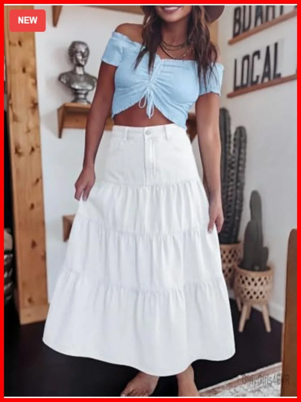 Long Tiered Maxi Denim Skirt High Elastic Waist Jean A-Line